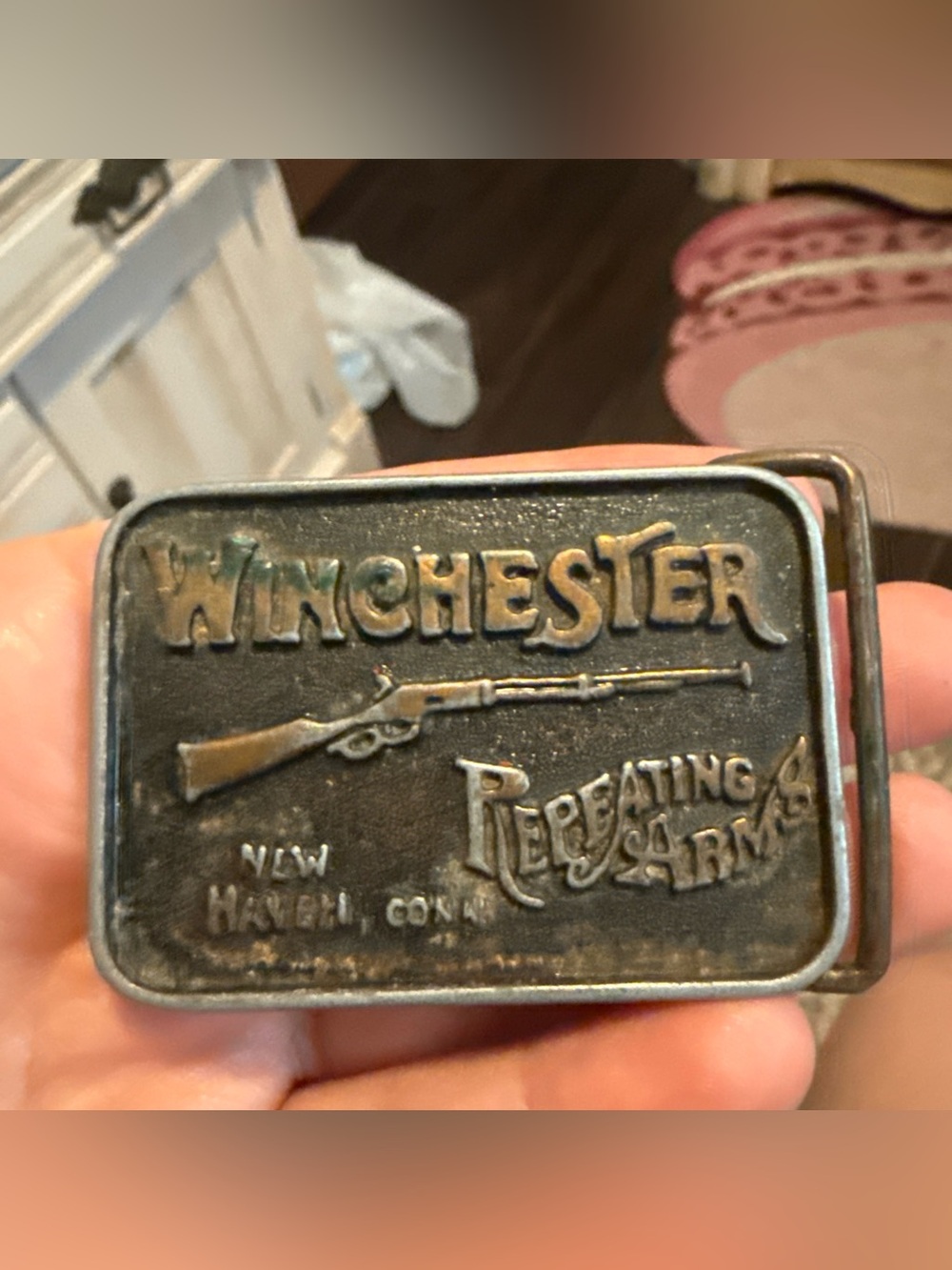 Vintage  Metal Belt Buckle Winchester Repeating Arms New Haven Conn 1970s